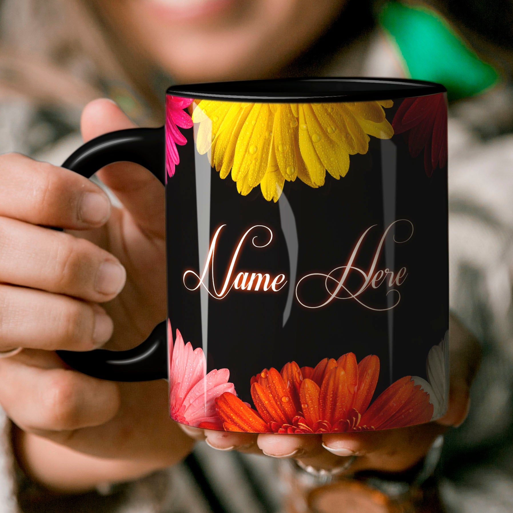 Descriptive Image of Personalized Black Floral Mug