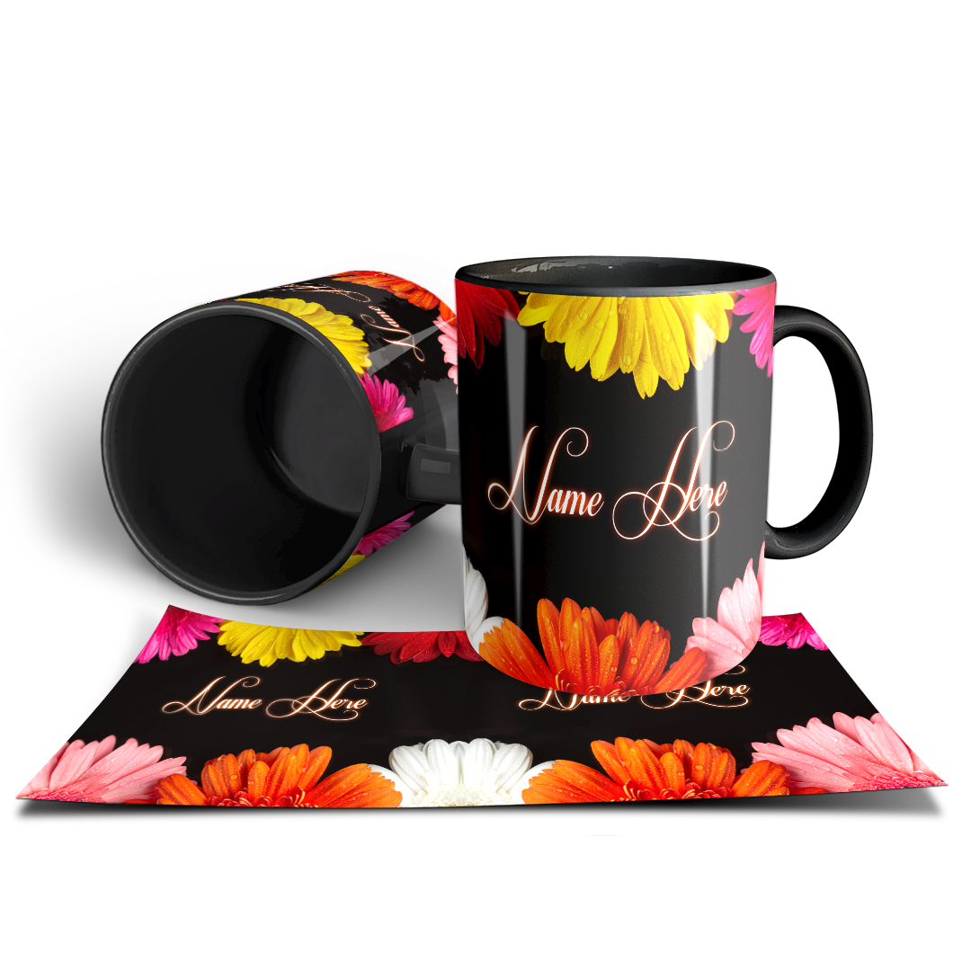 Descriptive Image of Personalized Black Floral Mug