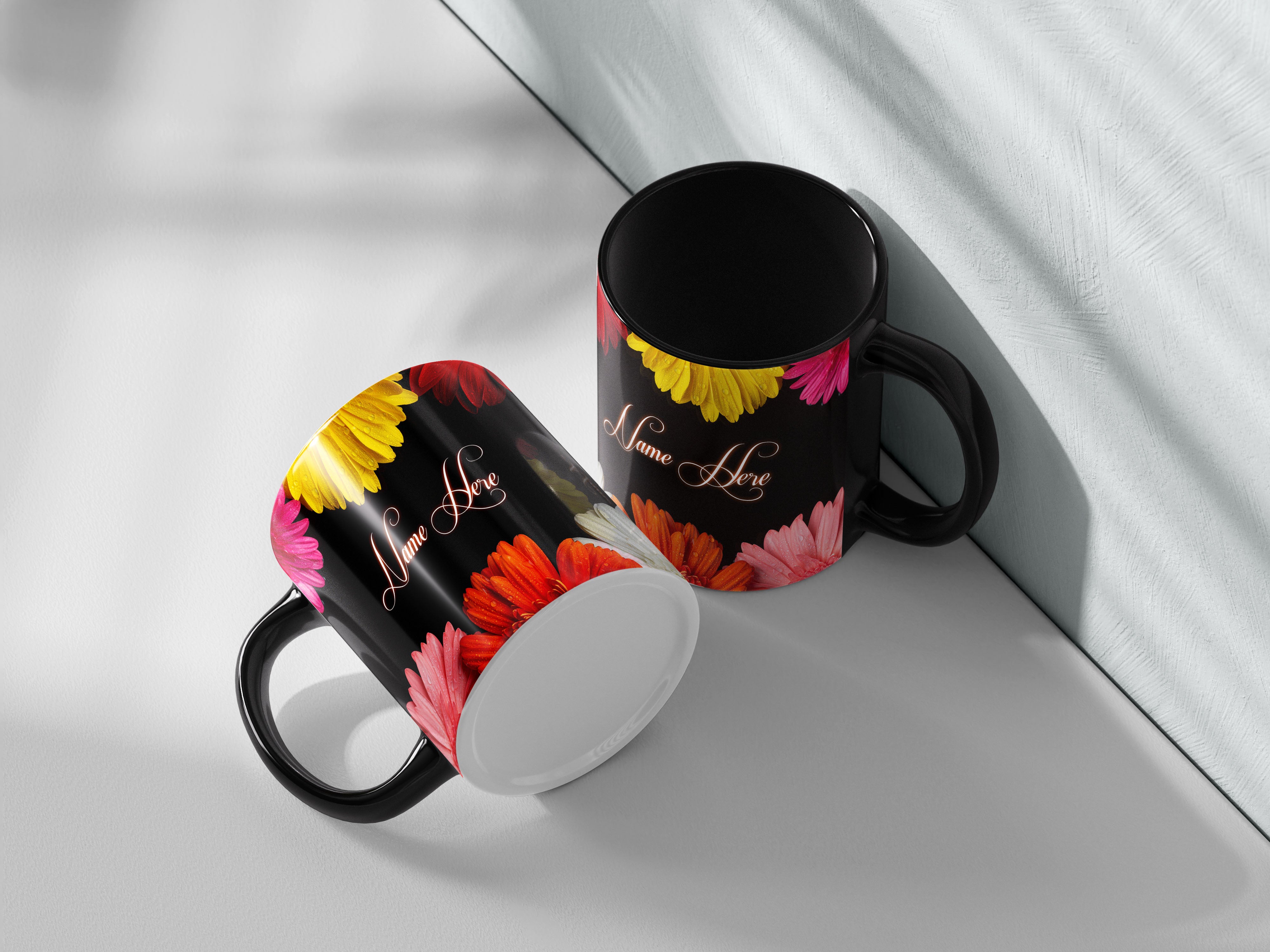 Descriptive Image of Personalized Black Floral Mug