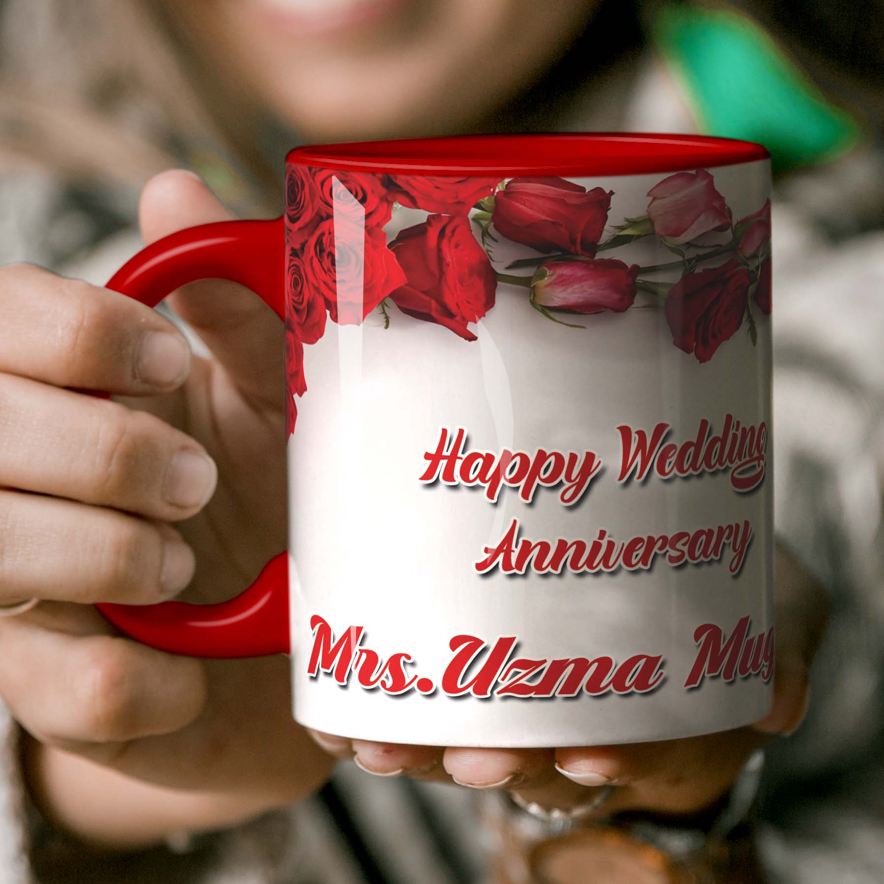 Descriptive Image of Happy Anniversary Personalized Ceramic Mug – Red Rose Edition