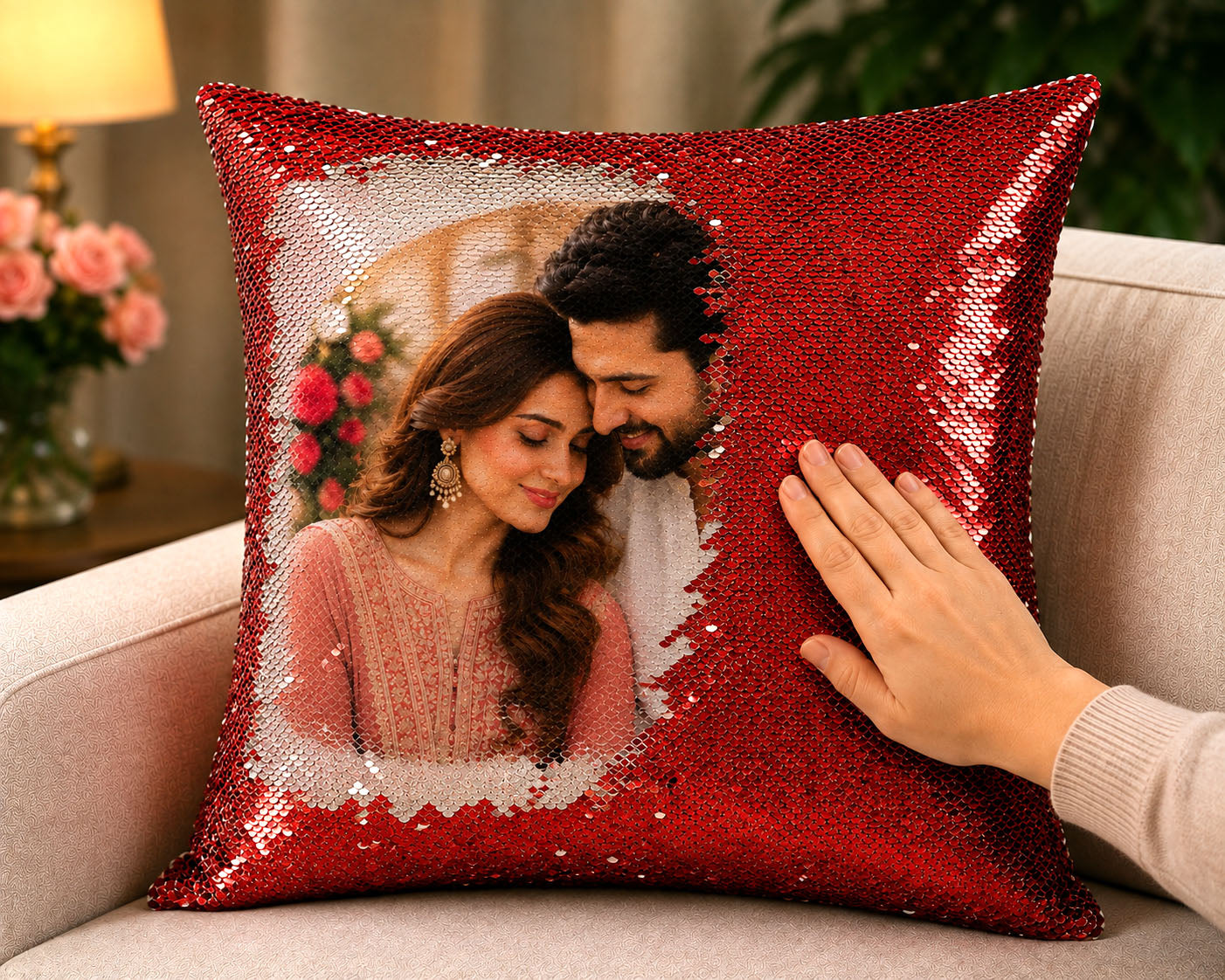 Descriptive Image of Personalized Magic Sequin Photo Cushion