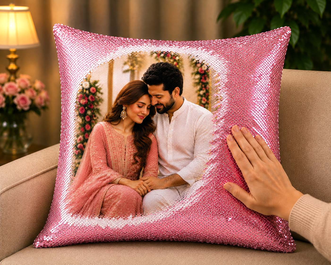Descriptive Image of Personalized Magic Sequin Photo Cushion