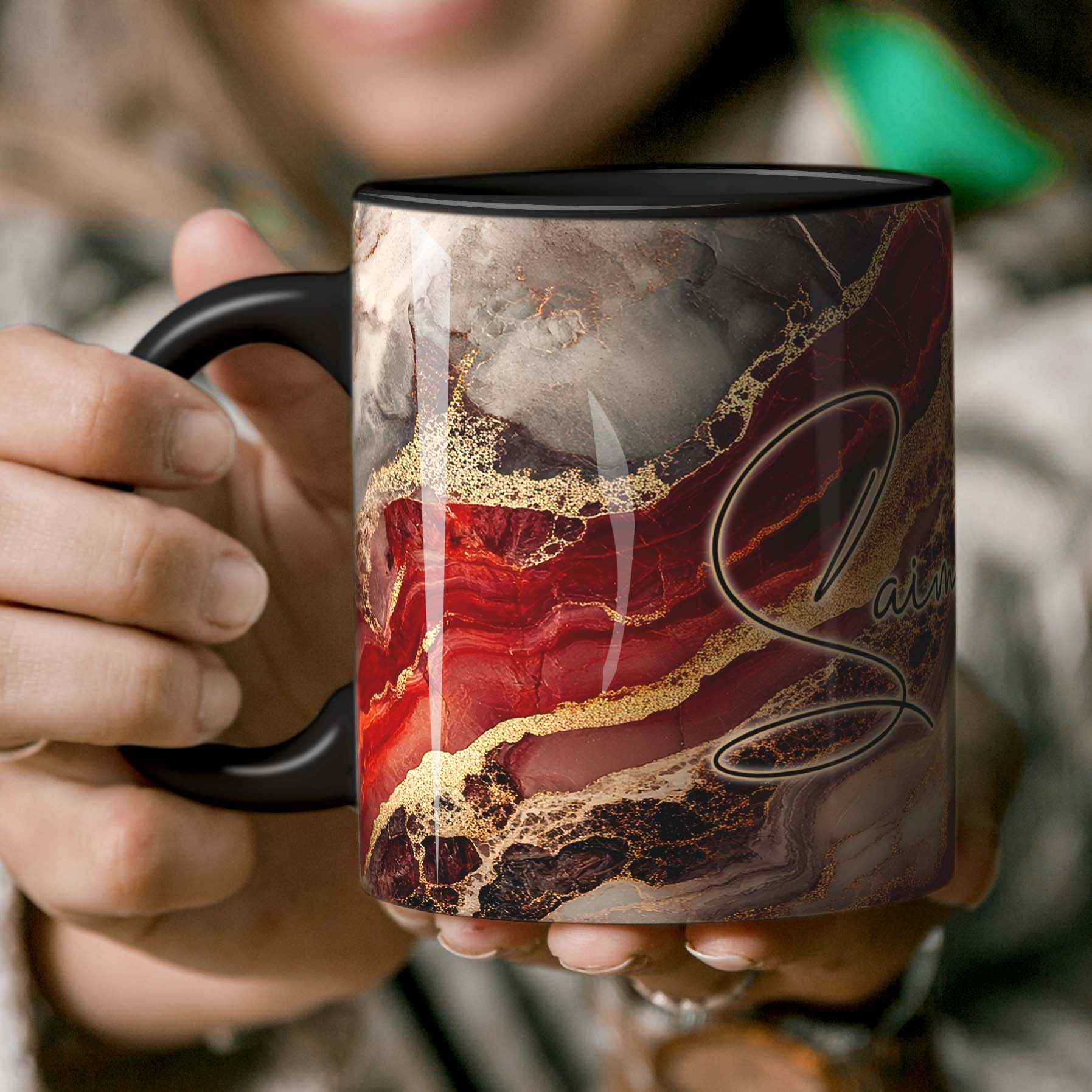 Descriptive Image of Signature Mug  - Elegant Red & Gold Marble Print - Personalized