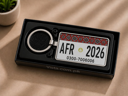 Sindh Ajrak Car Number Plate Keychain – Double-Sided | Metal