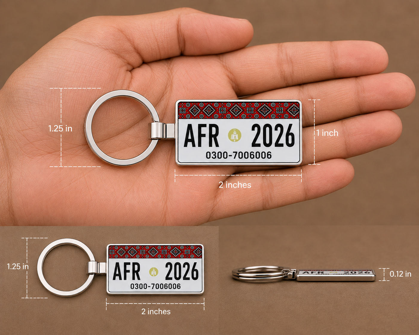 Descriptive Image of Sindh Ajrak Car Number Plate Keychain – Double-Sided | Metal