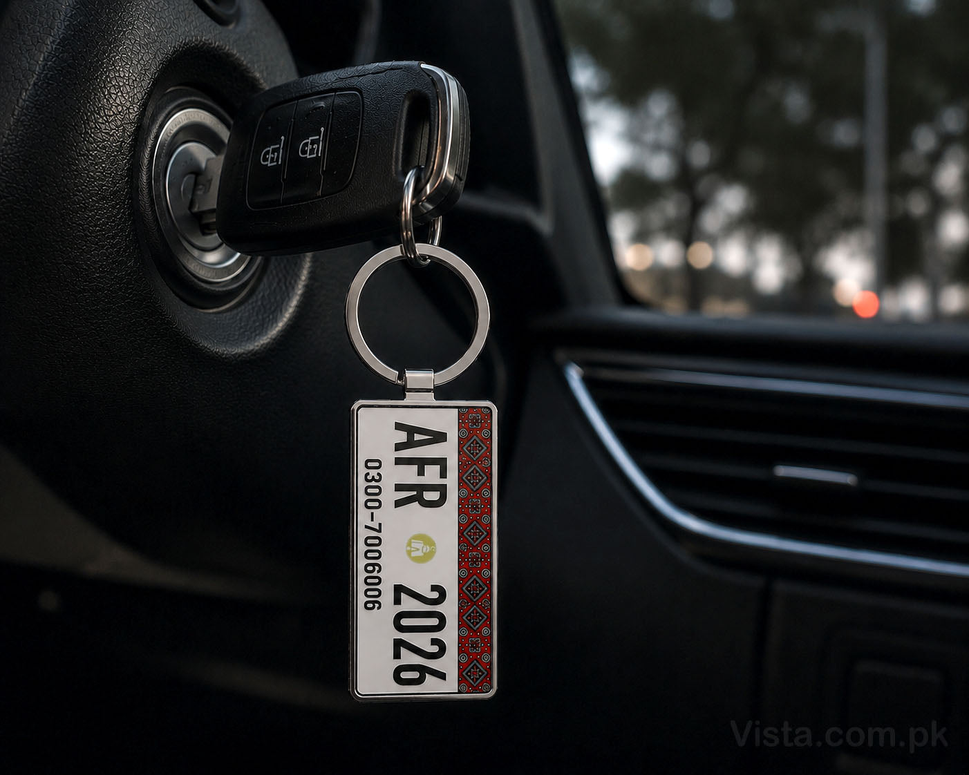 Descriptive Image of Sindh Ajrak Car Number Plate Keychain – Double-Sided | Metal