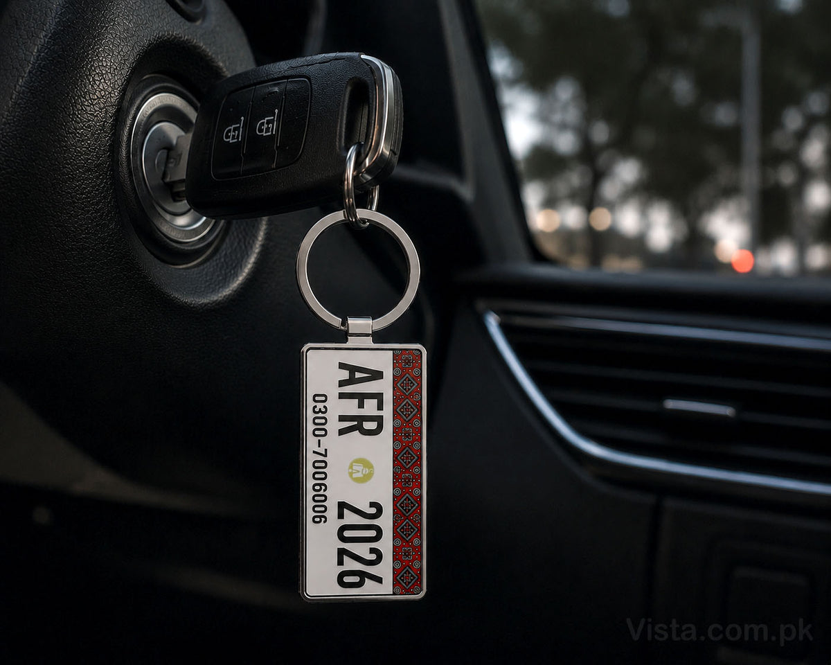 Sindh Ajrak Car Number Plate Keychain – Double-Sided | Metal