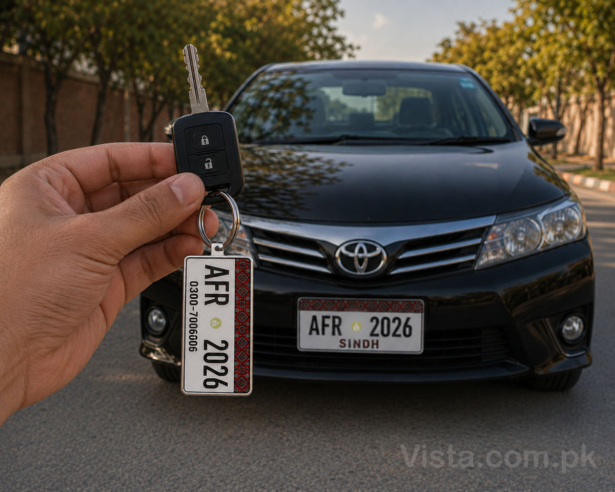 Sindh Ajrak Car Number Plate Keychain – Double-Sided | Metal