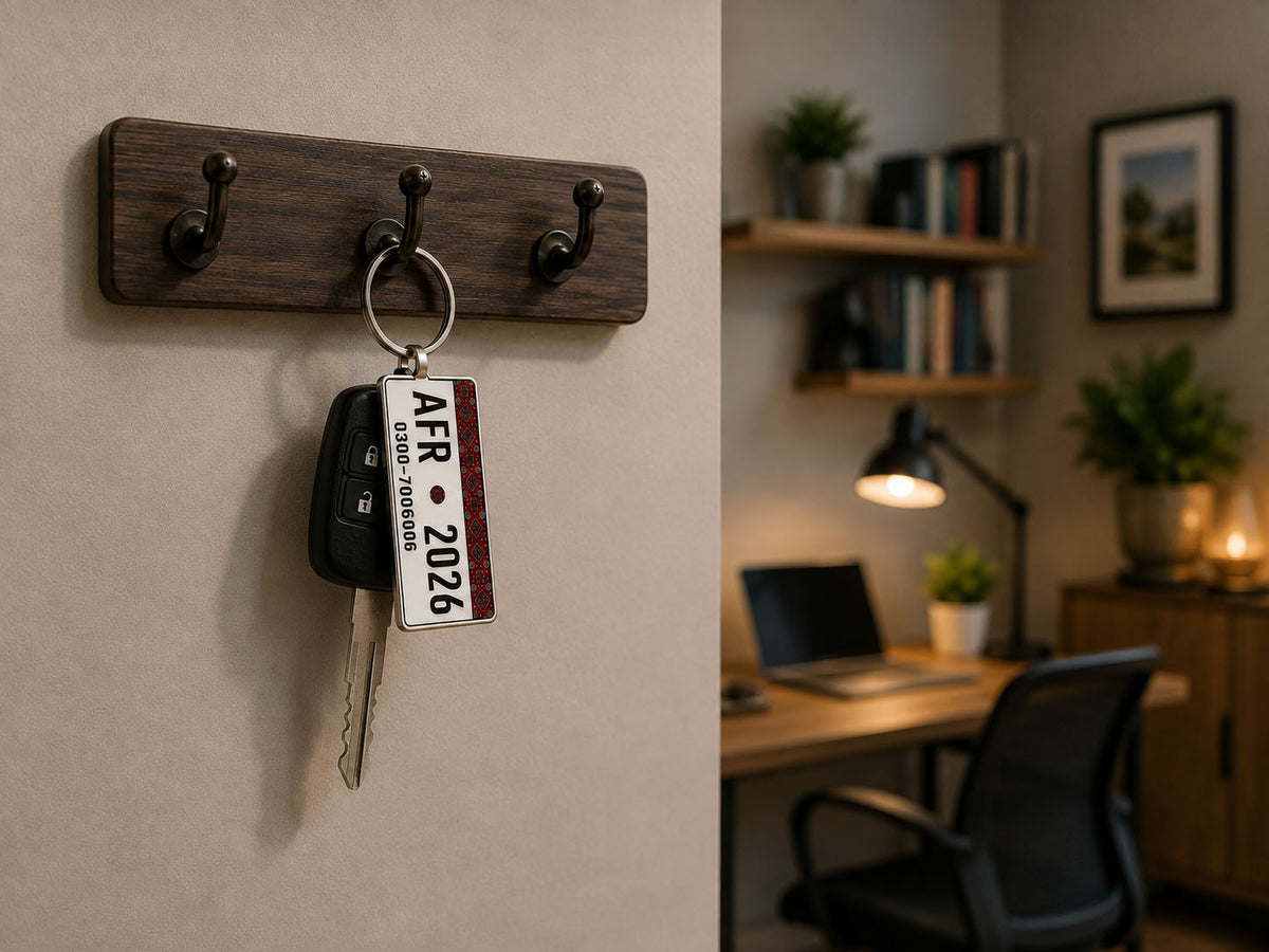 Sindh Ajrak Car Number Plate Keychain – Double-Sided | Metal