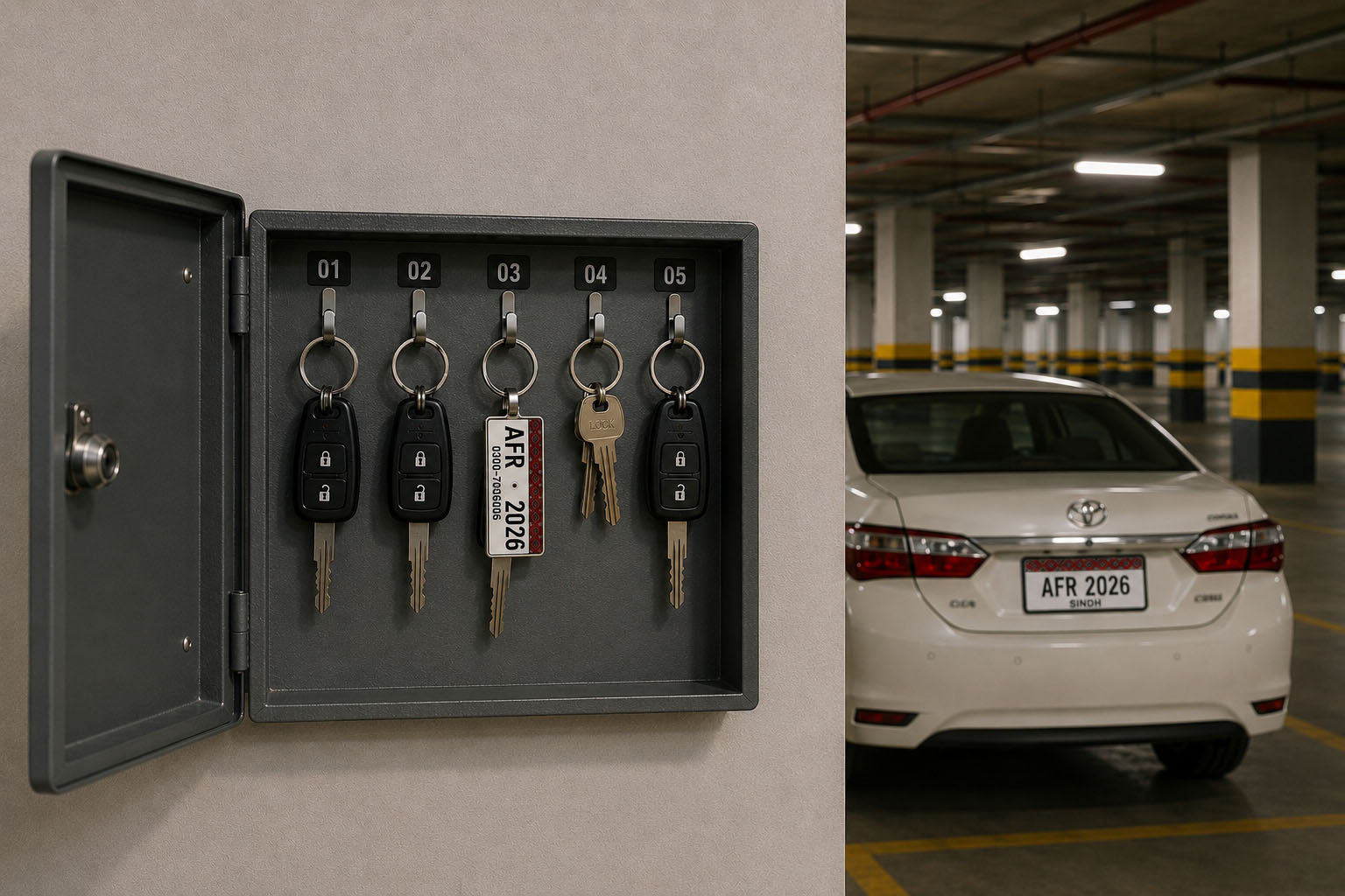 Descriptive Image of Sindh Ajrak Car Number Plate Keychain – Double-Sided | Metal